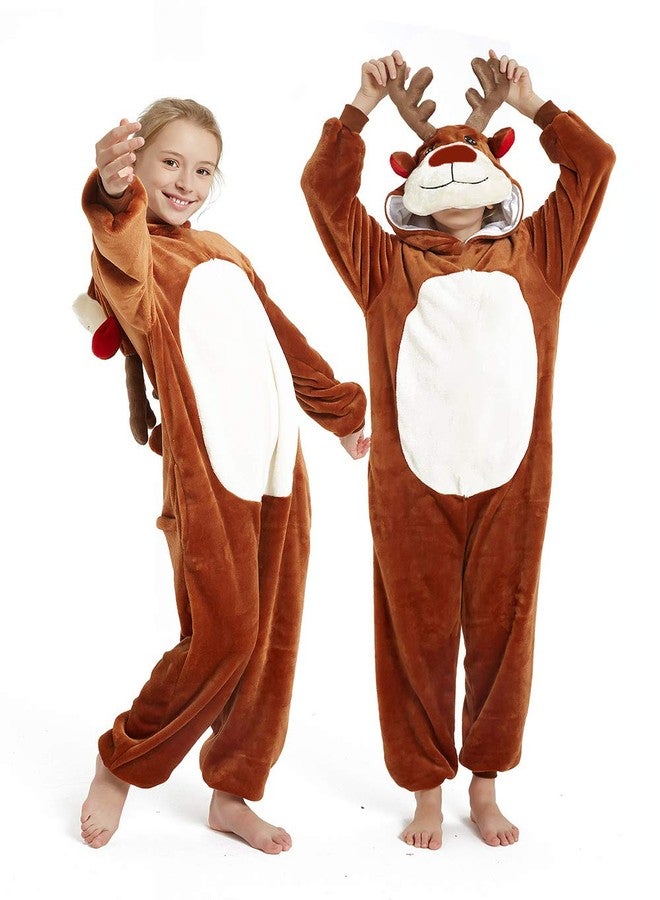 CASABACO Kid Reindeer Onesie Pajamas Deer Halloween Costume Boy Girl Animal Onepiece (Brown, 8-9Years) - Image 1